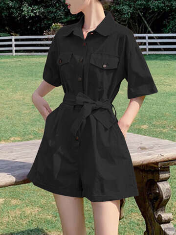 Women Jumpsuits & Rompers | Solid Button Pocket Lapel Short Sleeve Cargo Romper With Belt - VV77153