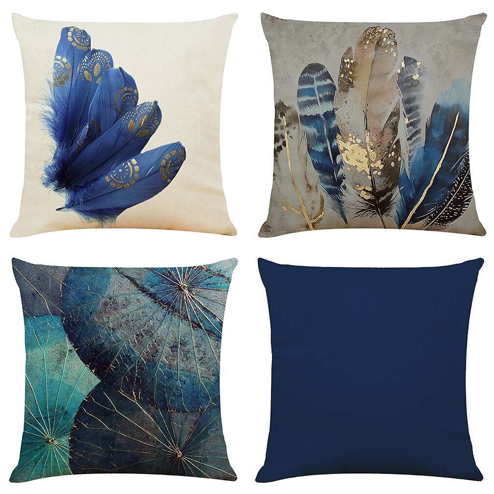 Blue Feather Double Side Cushion Cover 4PC Soft Decorative Square Throw Pillow Cover Cushion Case Pillowcase for Bedroom Livingroom Superior Quality Machine Washable Indoor Cushion for Sofa Couch Bed Chair