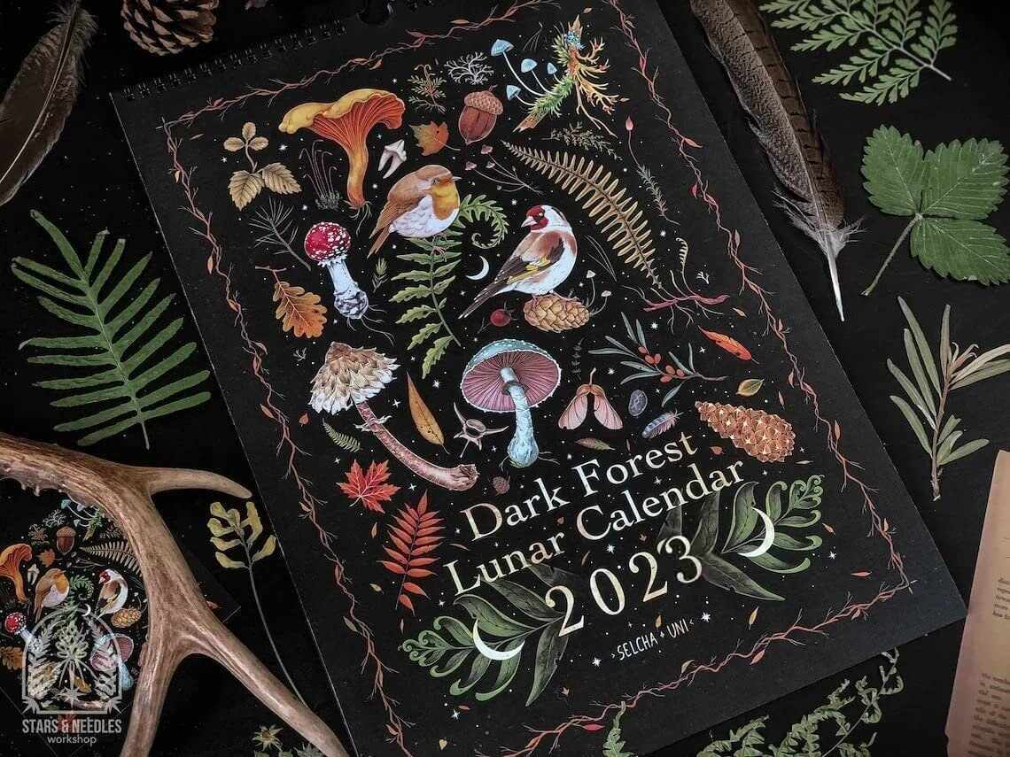 Dark Forest Lunar Calendar 2023 Wall Animal Calendars with 12 Original Illustrations