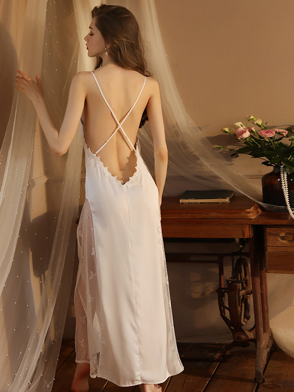 Sexy lace temptation nightgown ice silk long backless