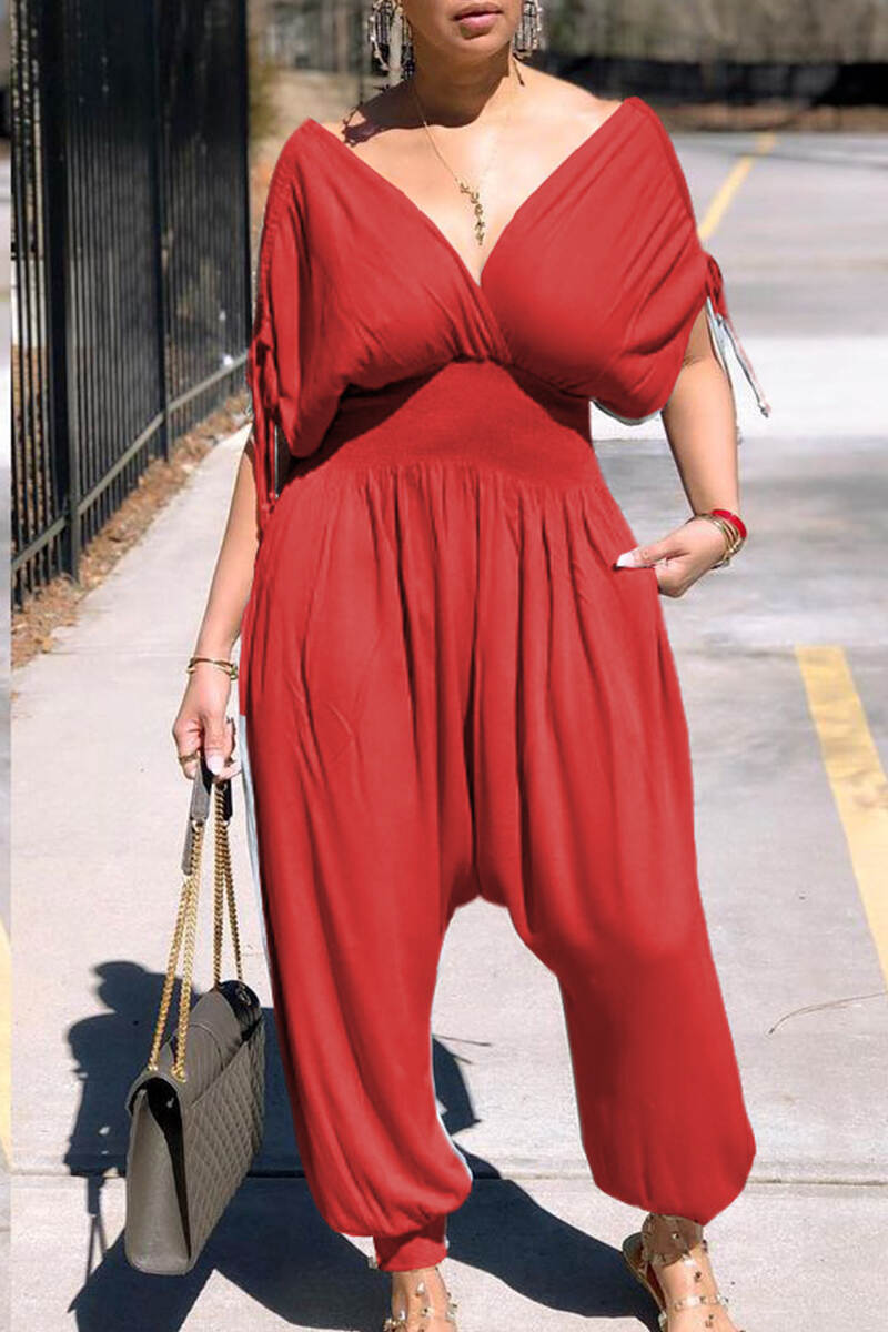 Red Casual Solid Patchwork Draw String V Neck Loose Jumpsuits