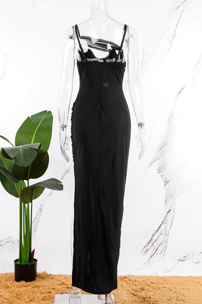 Black Sexy Solid Hollowed Out Backless Slit Spaghetti Strap Long Dress Dresses