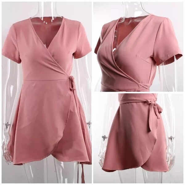 pink V-neck short sleeve dress