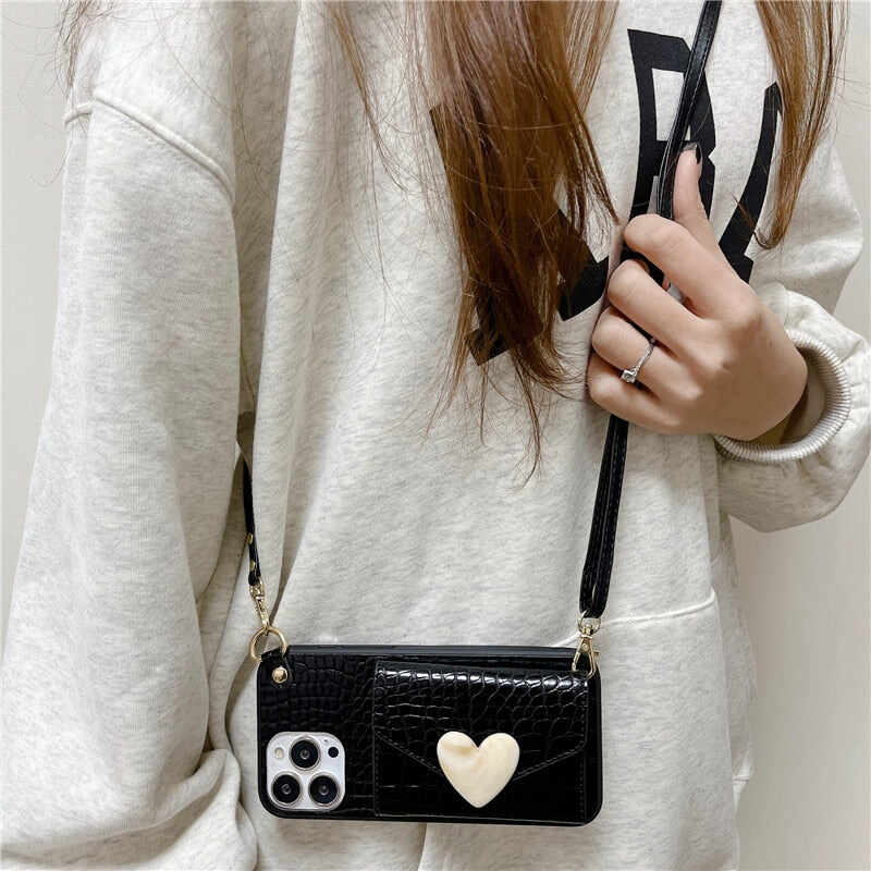 Cute Heart Card Wallet Crossbody Chain Bag Phone Case