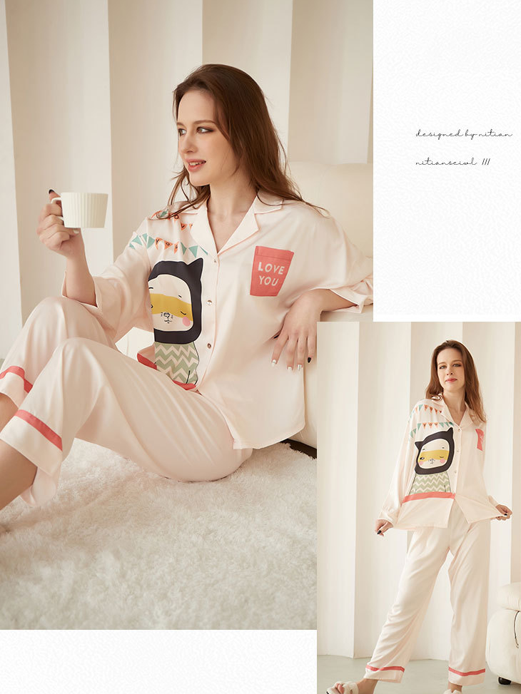 Simple Cartoon Ice Silk Loose Long Sleeve Pajama Set