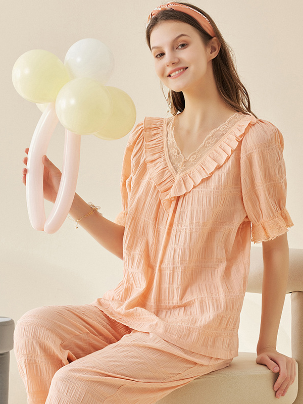 Plain Loose Simple Cotton Short Sleeve Pajama Set