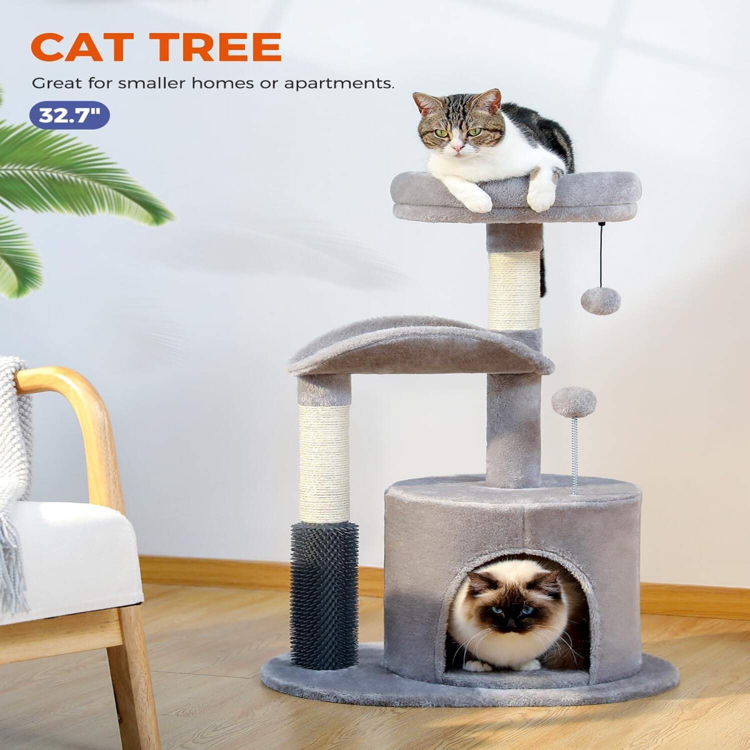 Indoor cat's kitten tree, medium-sized cat tower with interactive cat toys, 32.7-inch cat apartment with self grooming brush, natural cat catching pole, rocking ball for small and medium-sized cats