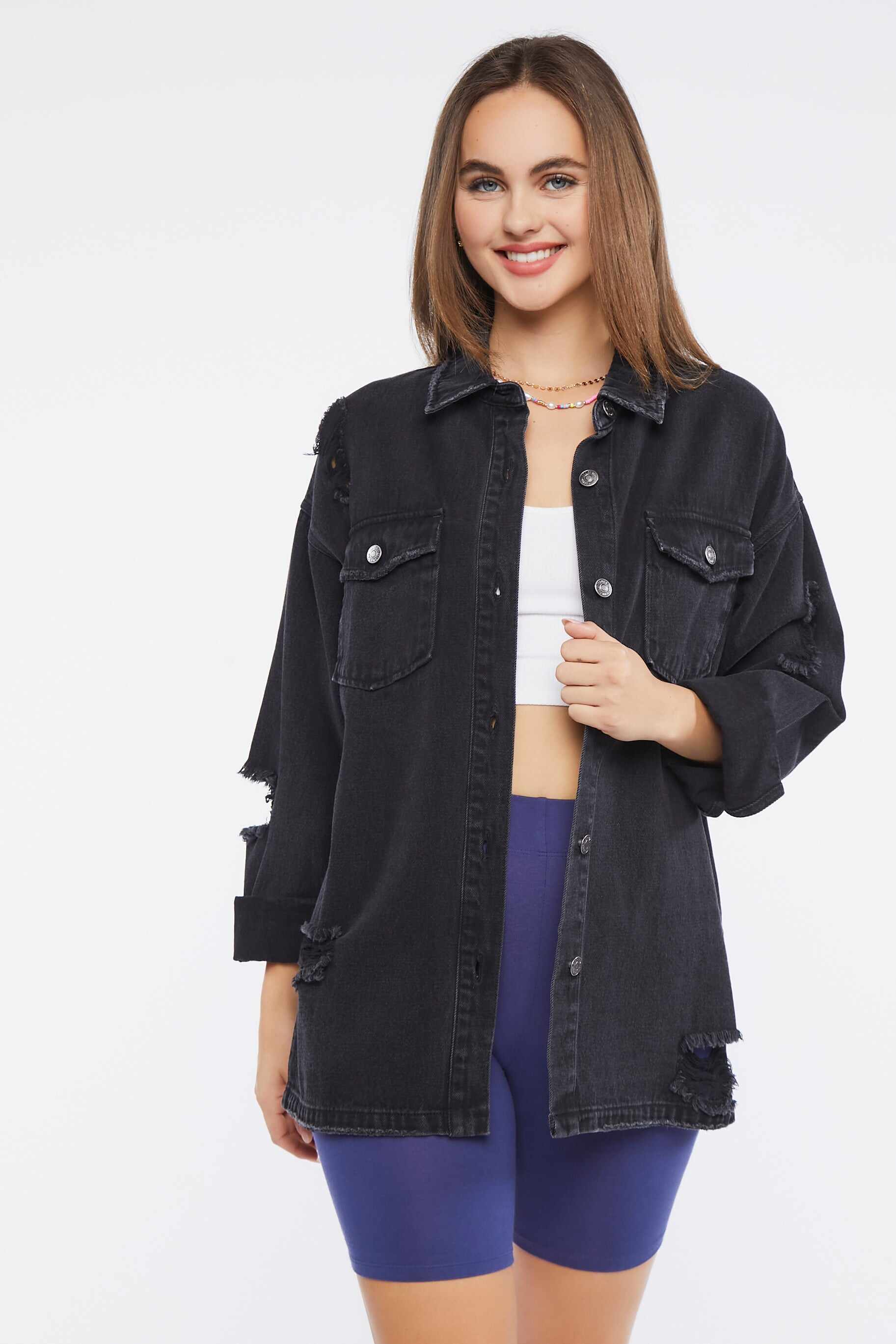 Women Apparel | Distressed Denim Shacket Black Forever21 - LK17173