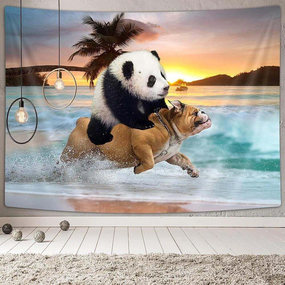 Funny Wall Tapestry Art Decor Wall Hanging Panda Riding Dog on Beach