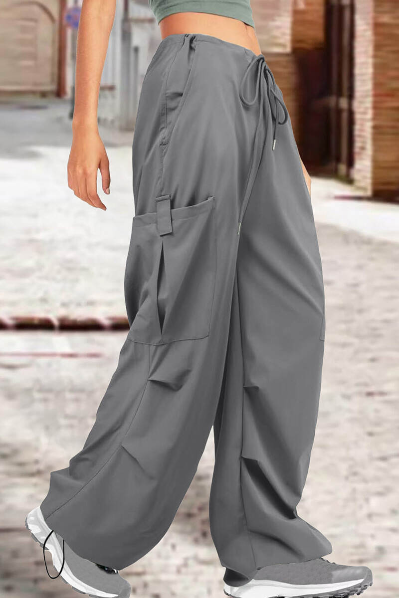 Grey Street Solid Patchwork Draw String Pocket Straight High Waist Straight Solid Color Bottoms