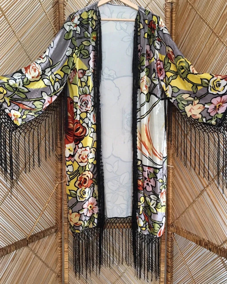 Mid-Length Kimono Fringed Velvet Cardigan Jacket