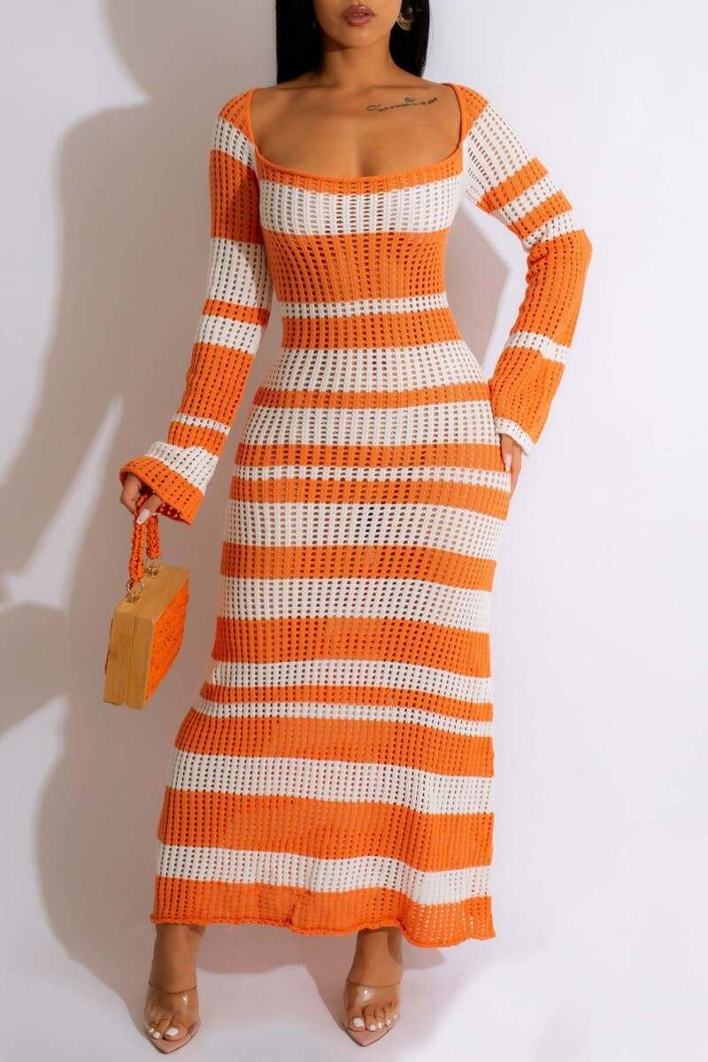 Orange Casual Patchwork Contrast Square Collar Long Sleeve Dresses