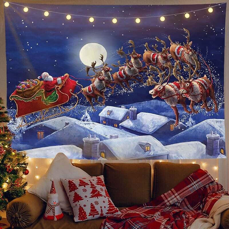 Christmas Decor LED Lights Wall Tapestry Santa Claus Print