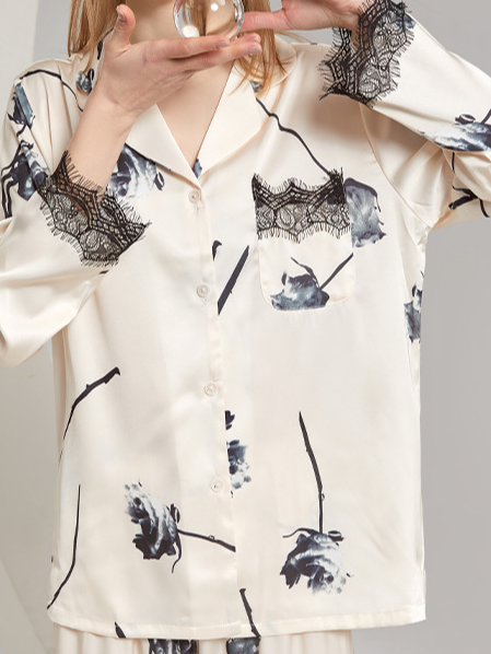 Floral Pattern Casual Loose V Neck Long Sleeve Pajama Set