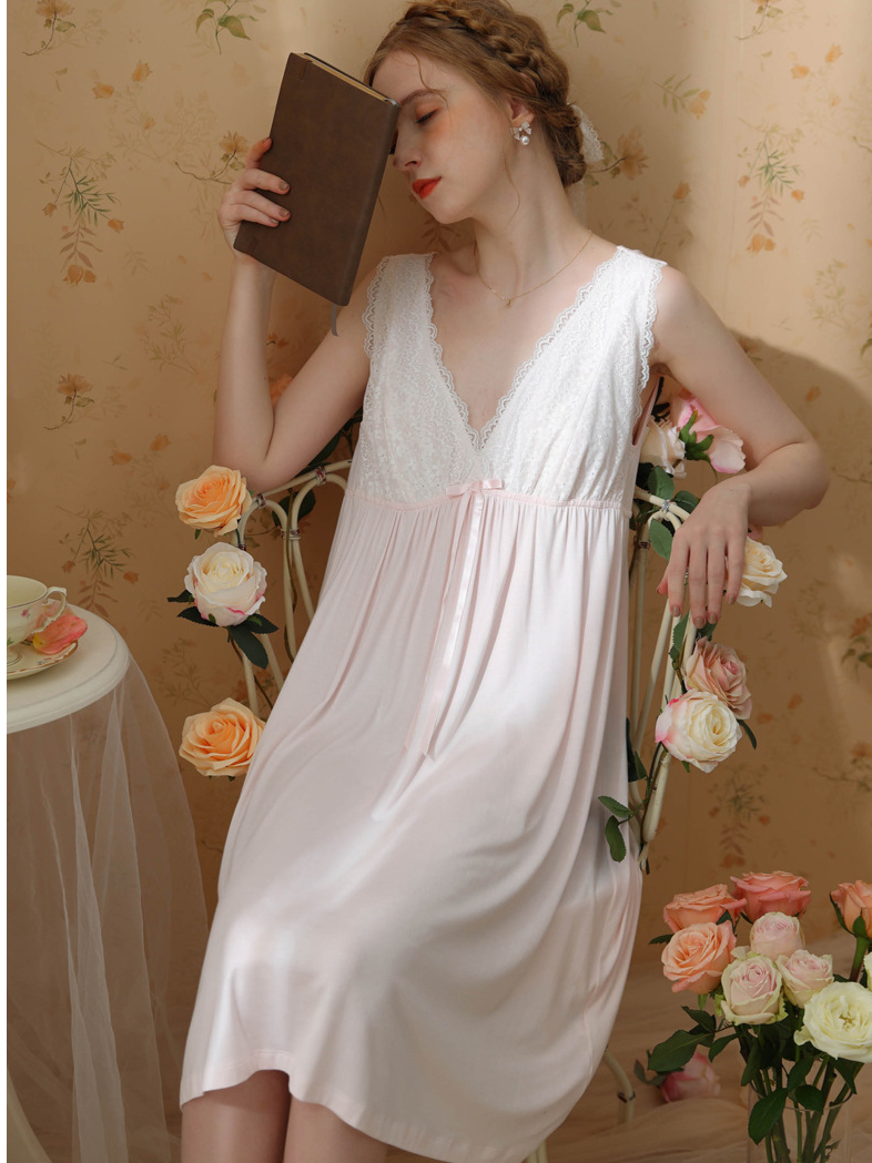 Modal Lace V Neck Vacation Nightdress