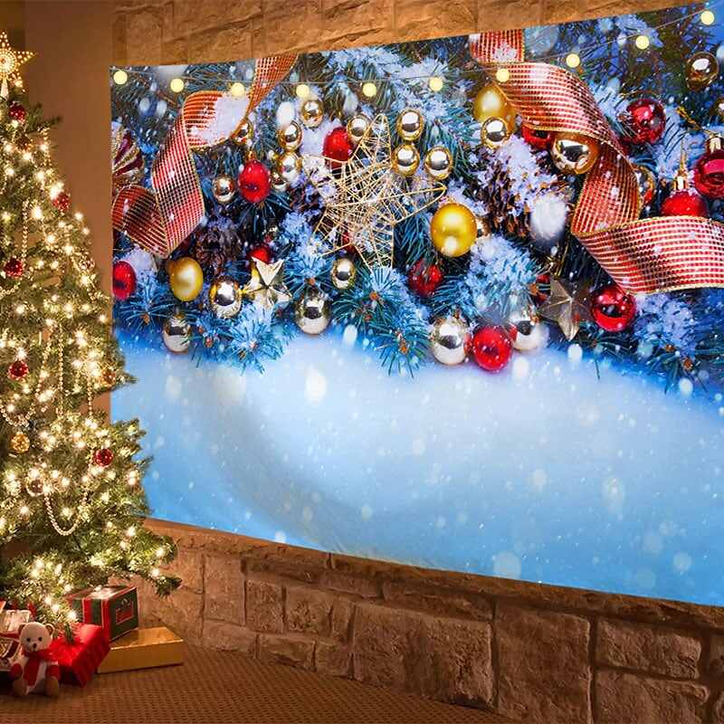 Christmas Decor LED Lights Wall Tapestry Snow Forest Christmas Tree Print