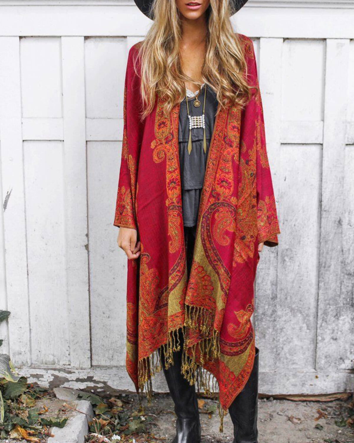 Totem print tassel loose retro kimono coat