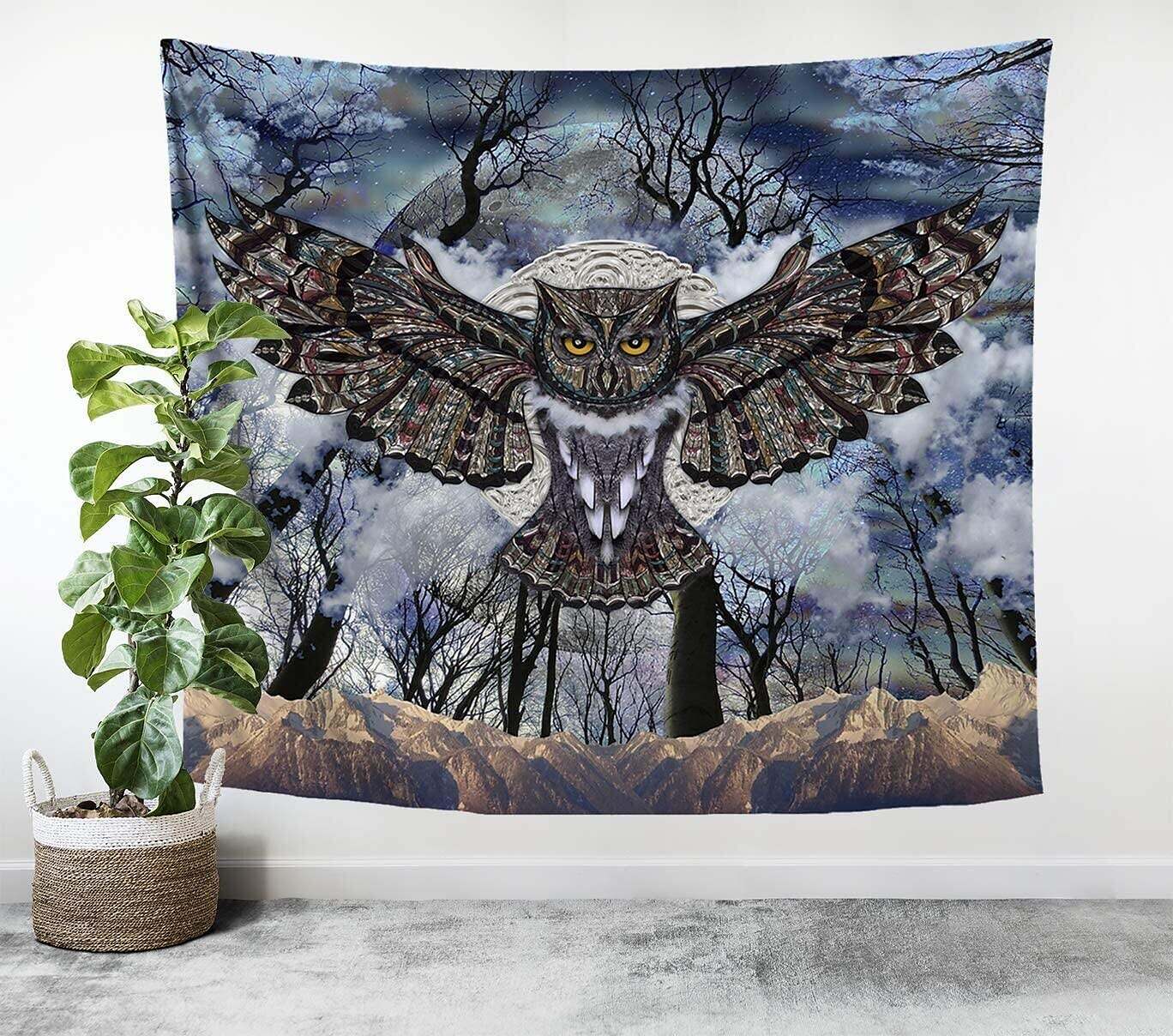 Trippy Owl Wall Tapestry Art Decor Wall Hanging Dark Forest