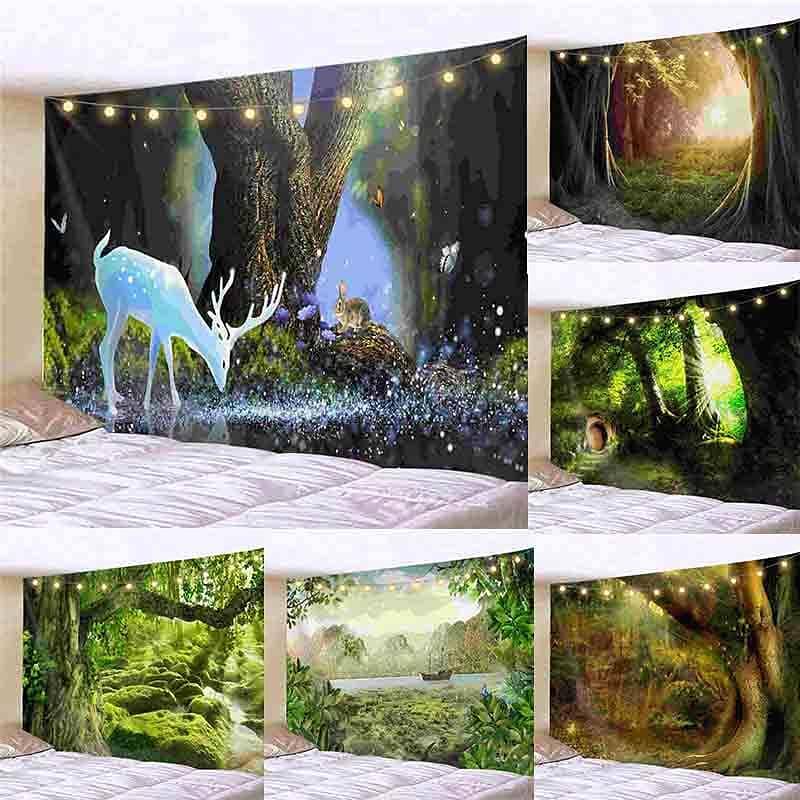 Landscape LED Lights Wall Tapestry Art Decor Forest Green Tree Print