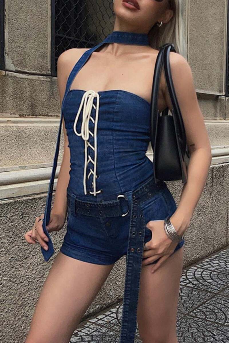 Blue Sexy Solid Frenulum Backless Strapless Sleeveless Skinny Denim Romper