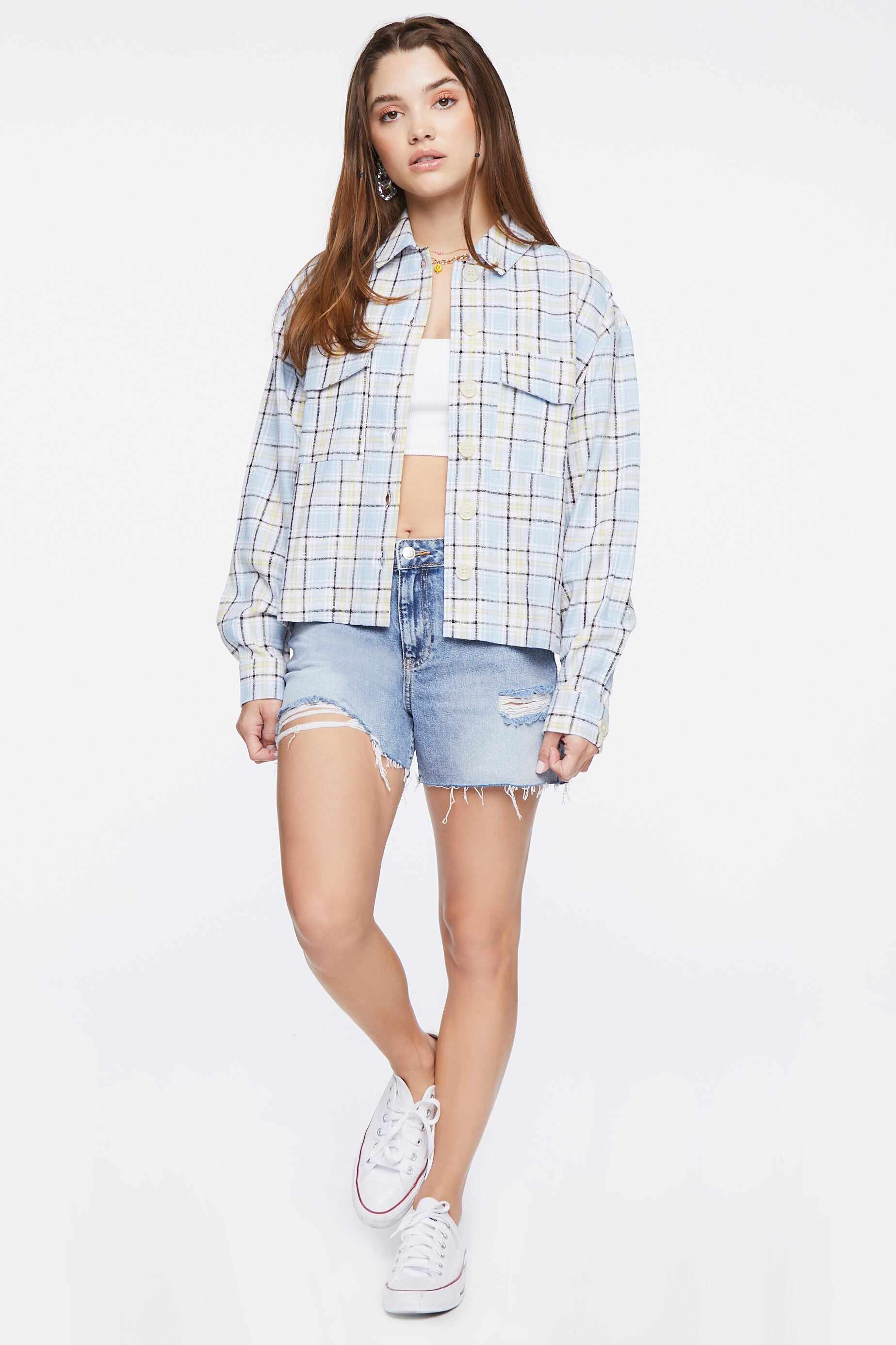 Women Apparel | Plaid Button-Front Shacket Light Blue Forever21 - SU99823