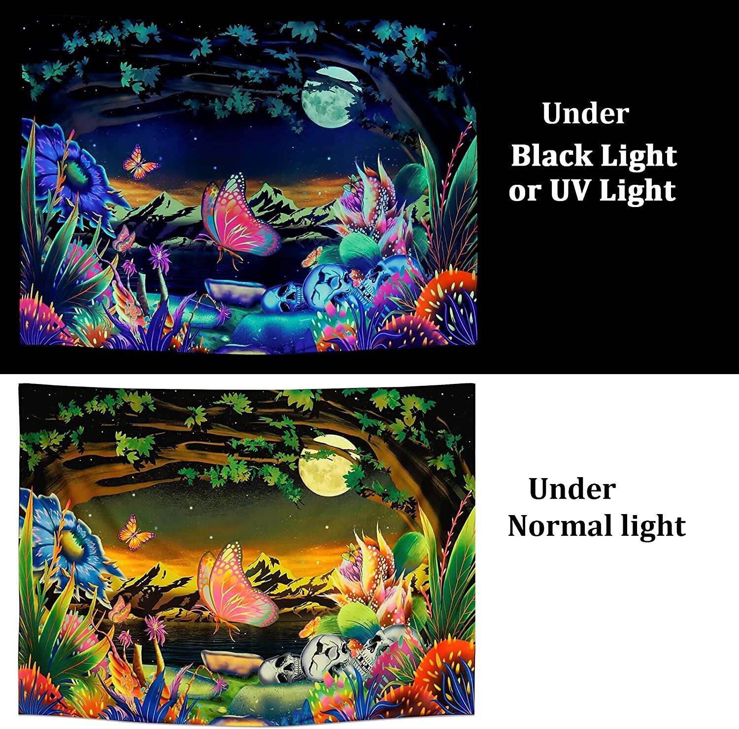 Blacklight Tapestry UV Reactive Trippy Misty Floral Plant Butterfly