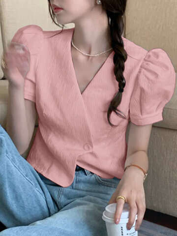 Women Blouses & Shirts | Puff Sleeve V-neck Solid Textured Blouse For Women - GG98656