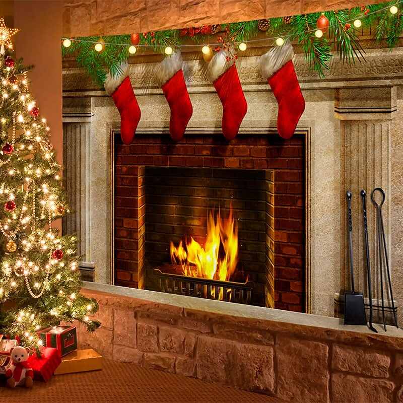 Christmas Decor LED Lights Wall Tapestry Fireplace Christmas Tree Print