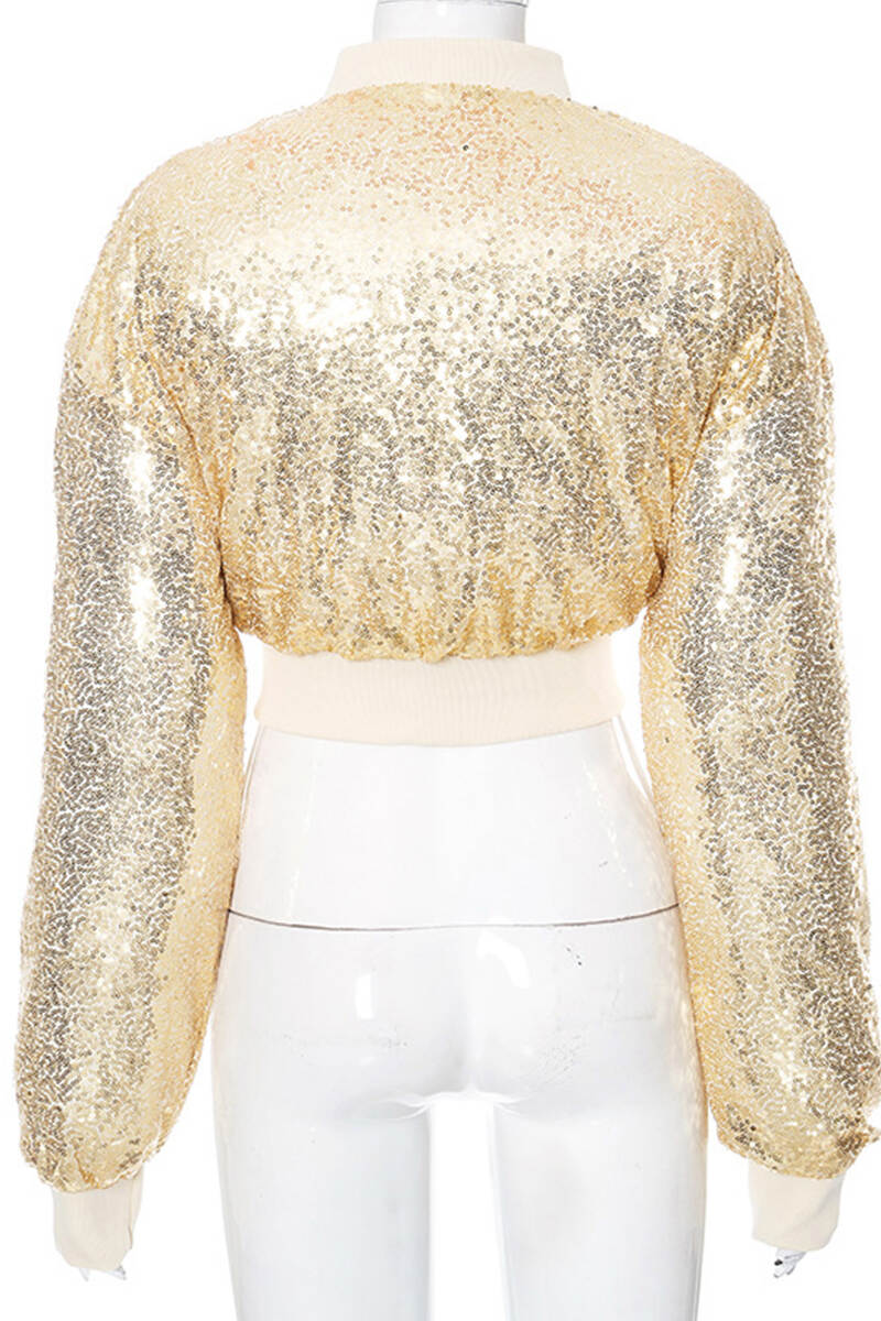 Yellow Street Solid Sequins Patchwork Zipper O Neck Outerwear