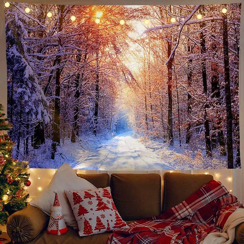 Christmas Decor LED Lights Wall Tapestry Snow Forest Christmas Tree Print