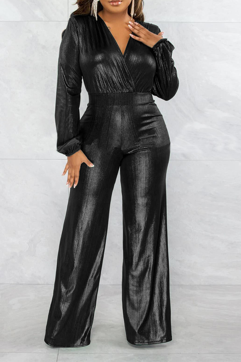 Rose Gold Street Solid Patchwork V Neck Boot Cut Jumpsuits