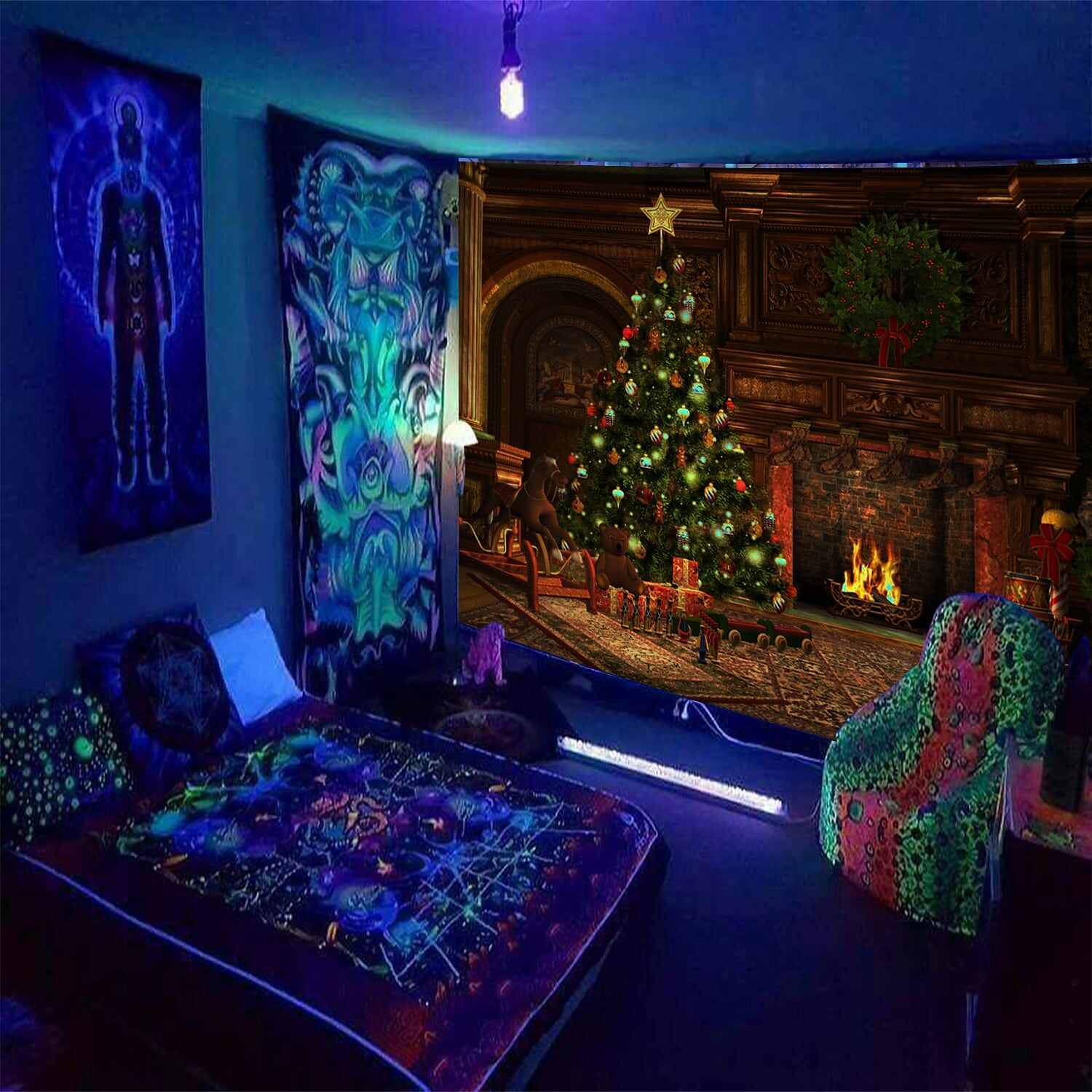 Christmas Blacklight UV Reactive Tapestry Dormitory Living Room Art Decoration