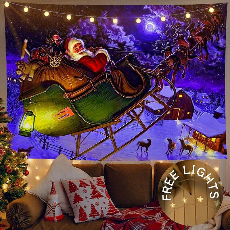 Christmas Decor LED Lights Wall Tapestry Santa Claus Print