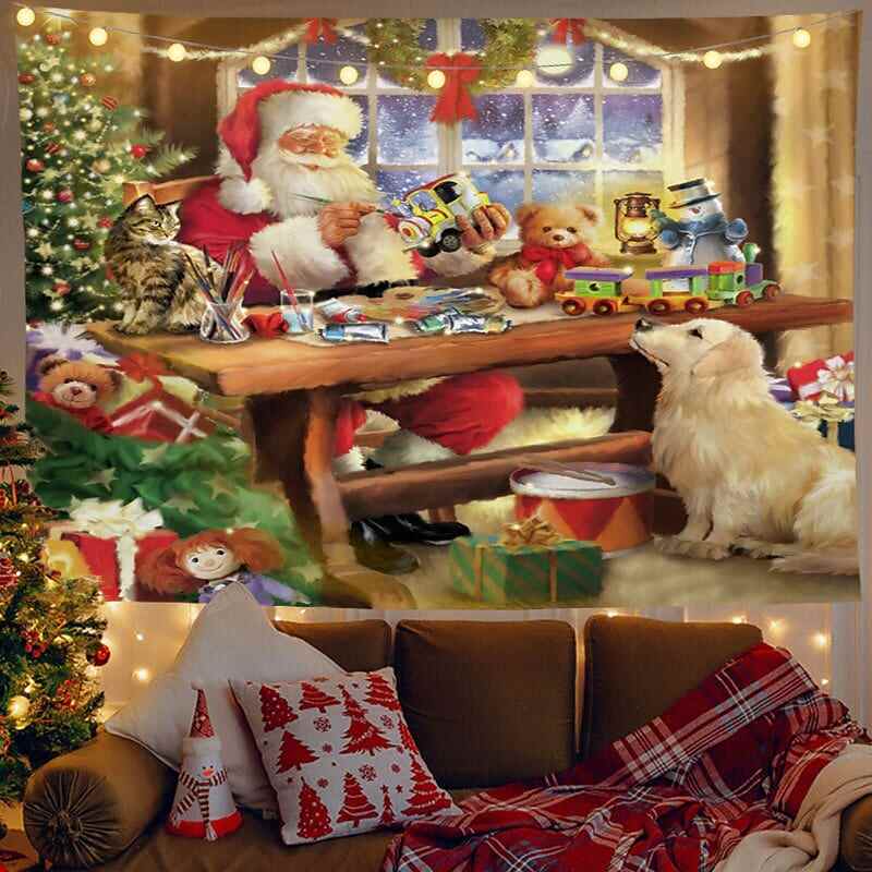 Christmas Decor LED Lights Wall Tapestry Fireplace Santa Claus Print