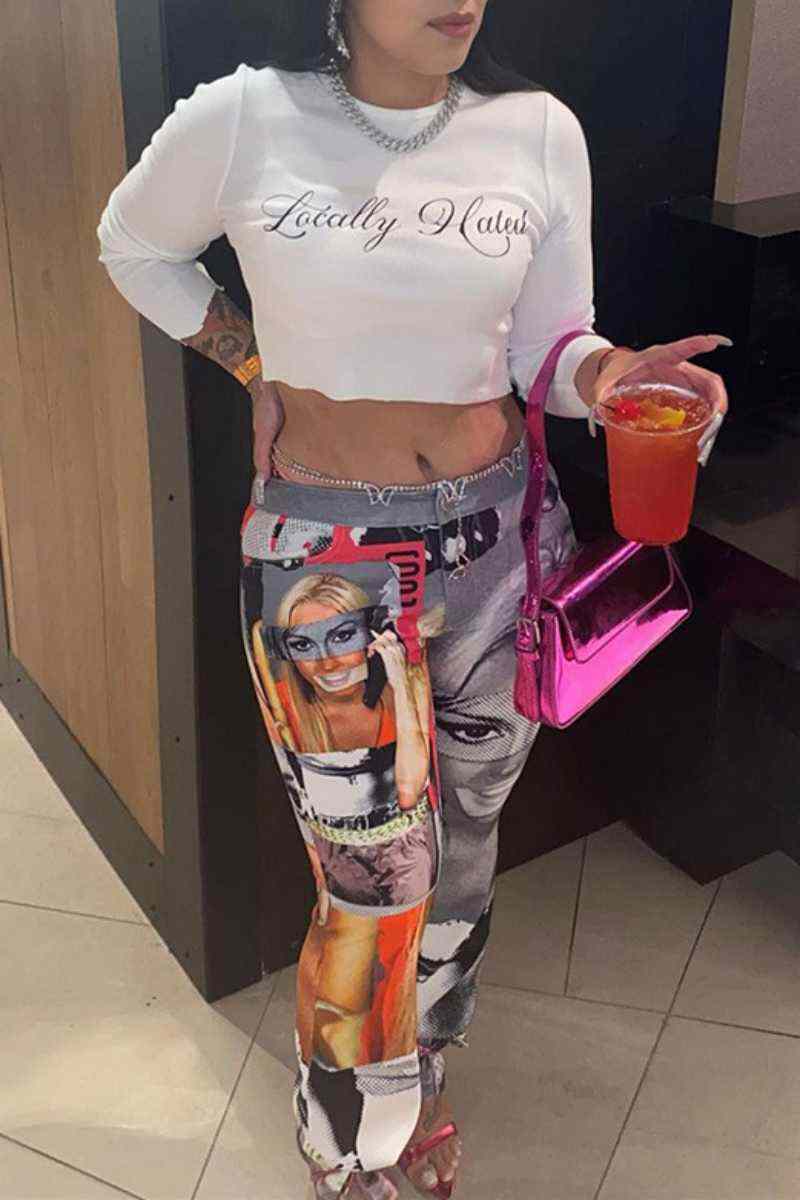 Grey Casual Print Basic Skinny High Waist Conventional Full Print Trousers