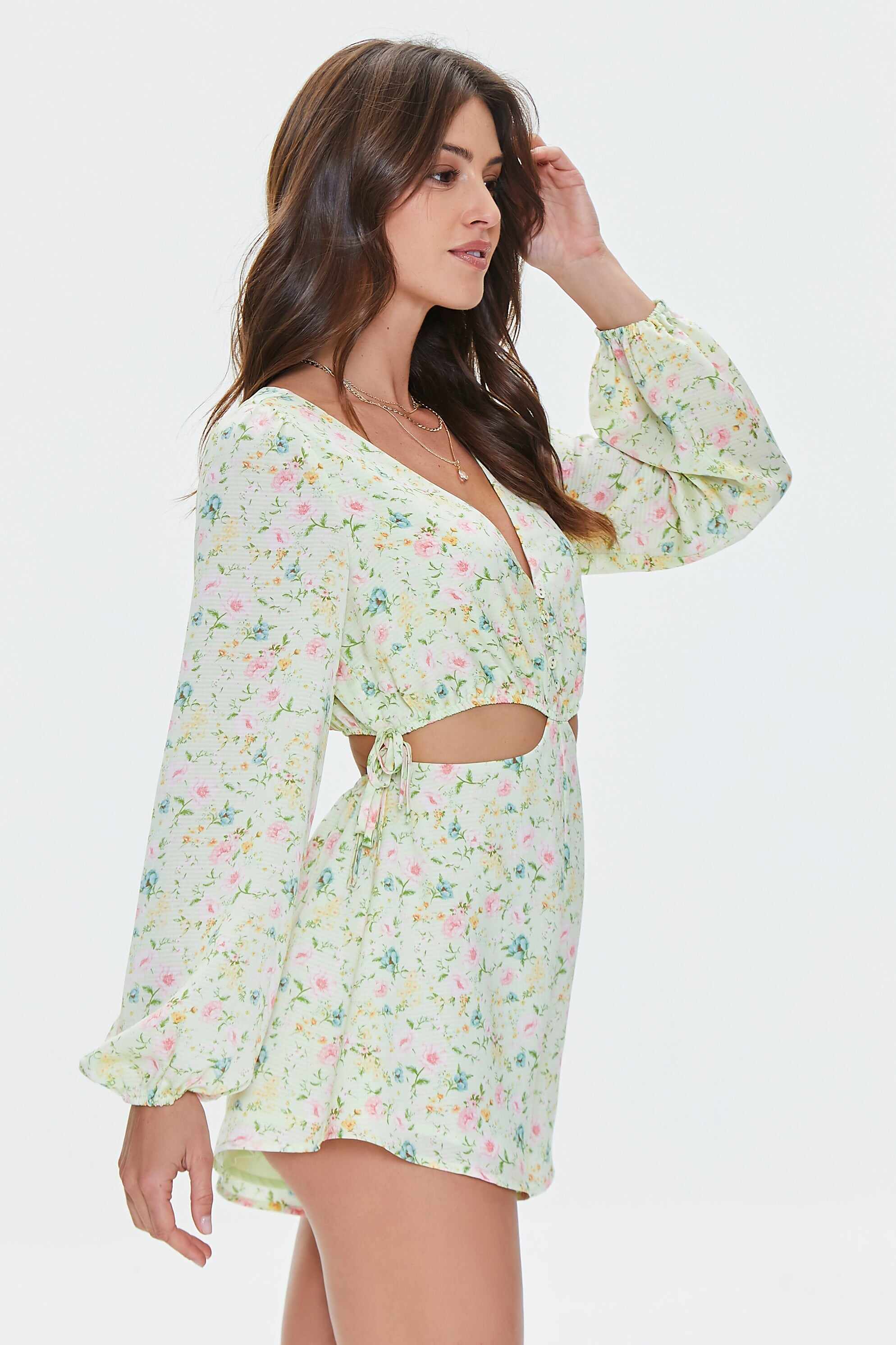 Women Apparel | Floral Print Cutout Romper Green Forever21 - HB38631