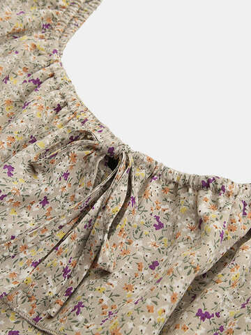 Women Blouses & Shirts | Floral Print Long Sleeve Ruffle Elastic Waist Knotted Casual Blouse - WU28668