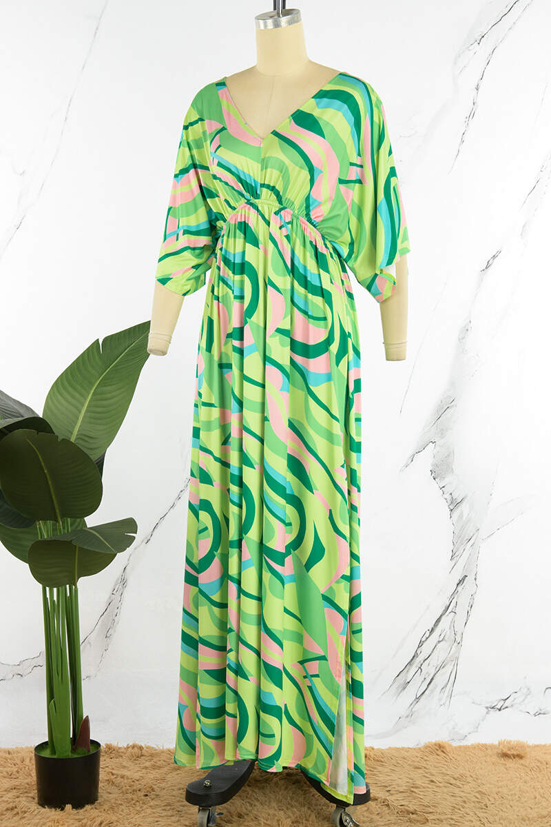 Green Casual Print Patchwork Slit V Neck Long Dress Dresses