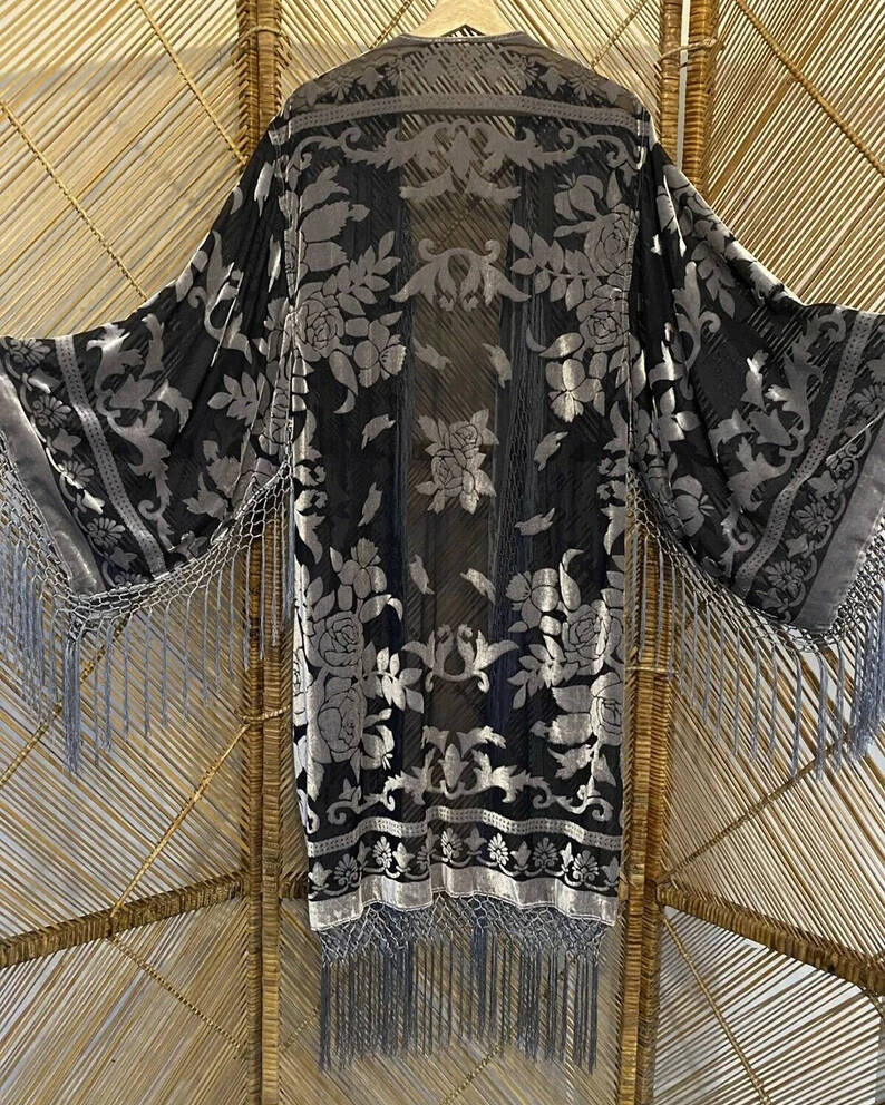 Mid-Length Kimono Fringed Velvet Cardigan Jacket