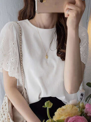 Women Blouses & Shirts | Lace Ruffle Sleeve Crew Neck Solid Casual Blouse - KR35330