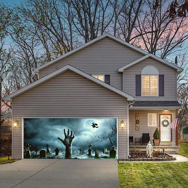 Spooky Graveyard Halloween Garage Door Banner Mural on a Full Moon Nig