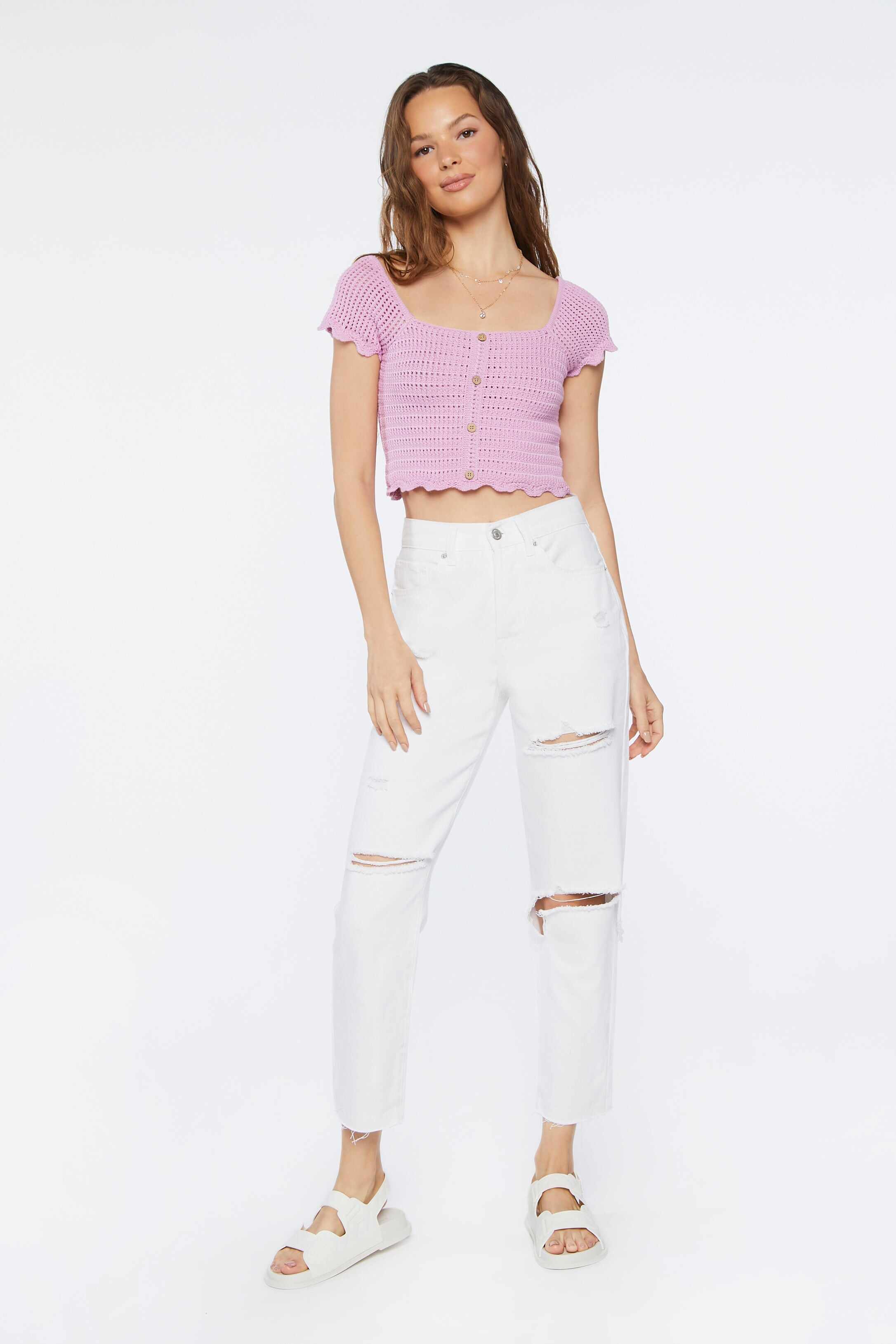 Women Apparel | Crochet Sweater-Knit Crop Top Lilac Forever21 - CJ16957