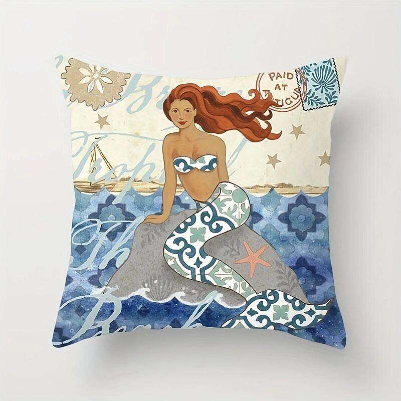 Mermaid Ocean Double Side Pillow Cover 4PC Summer Soft Decorative Square Cushion Case Pillowcase for Bedroom Livingroom Sofa Couch Chair