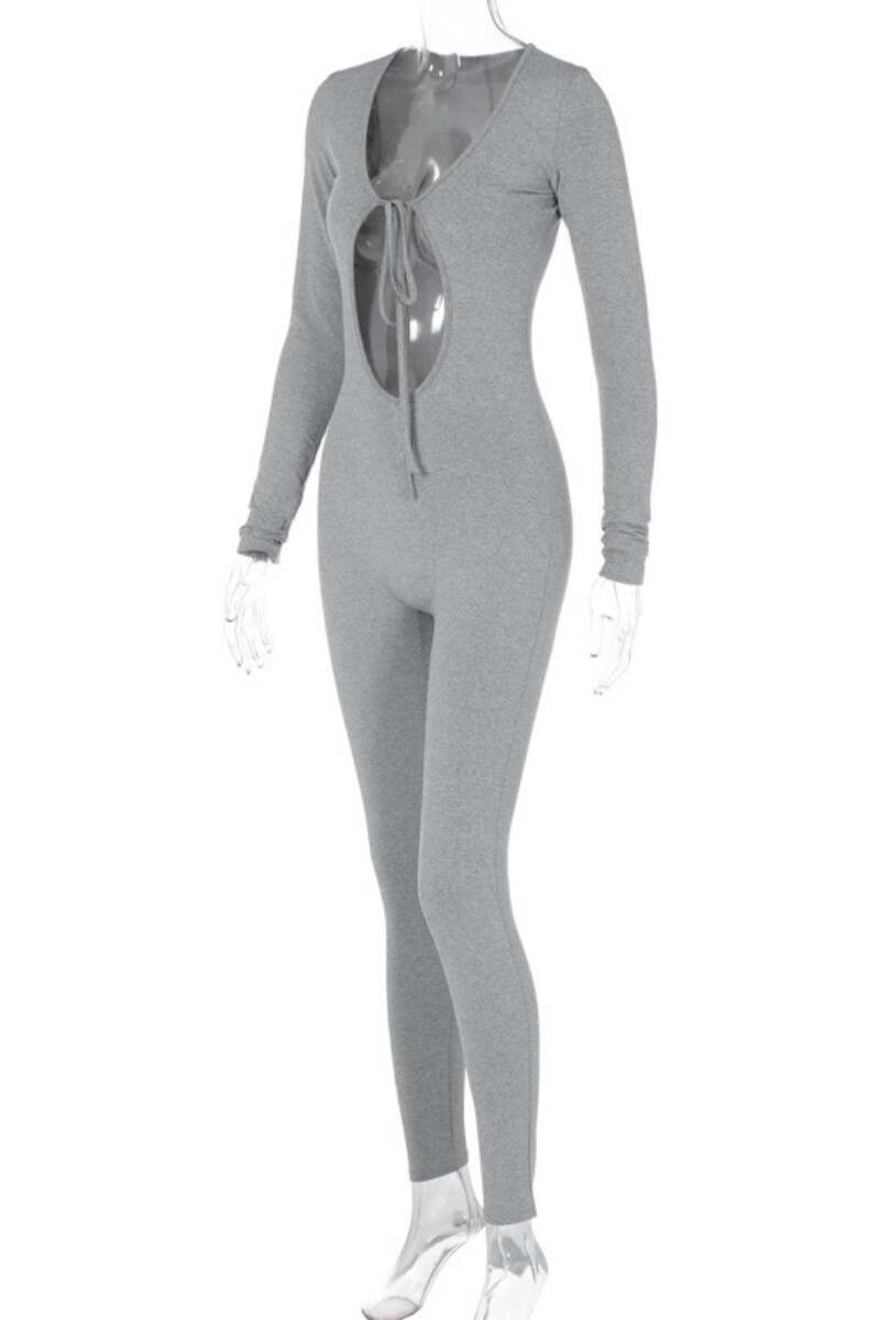 Grey Sexy Casual Solid Hollowed Out Frenulum O Neck Skinny Jumpsuits