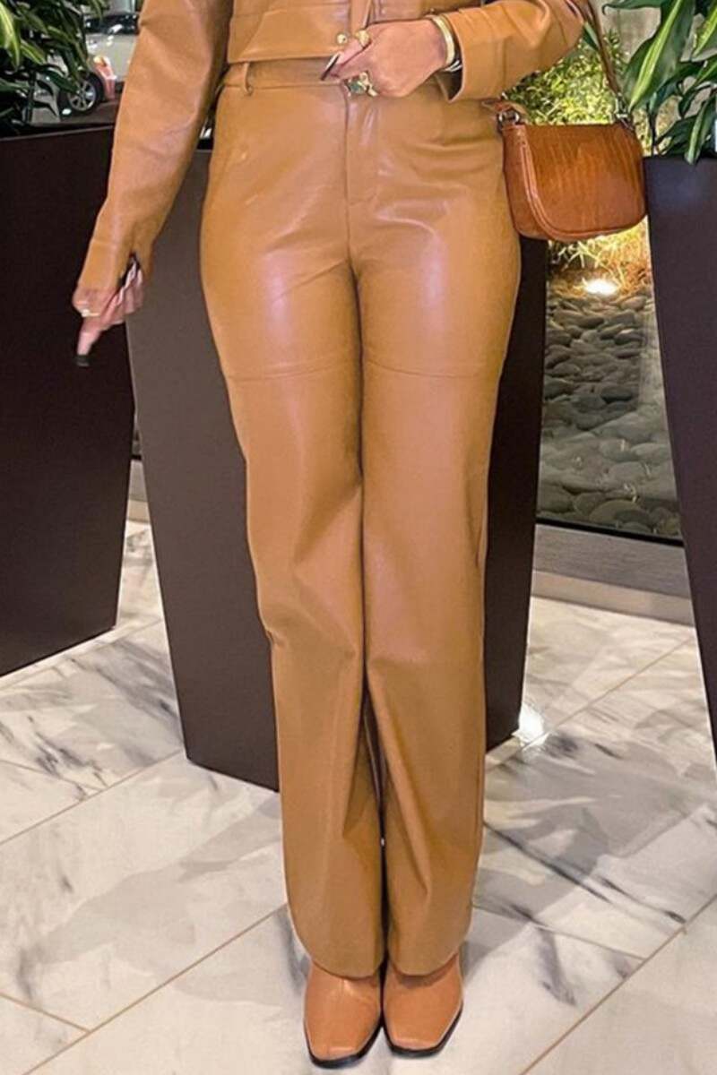 Yellow Casual Solid Basic Regular Mid Waist Conventional Solid Color Trousers