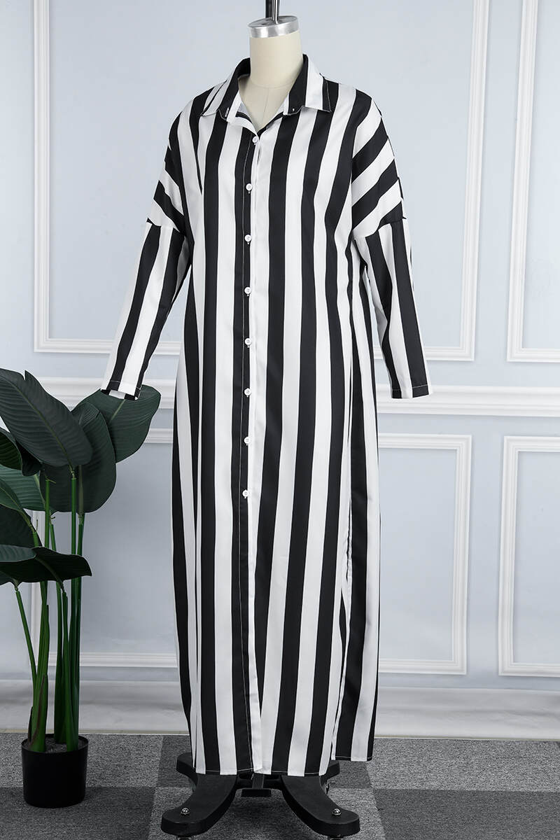 White Casual Striped Print Patchwork Turndown Collar Shirt Dress Dresses