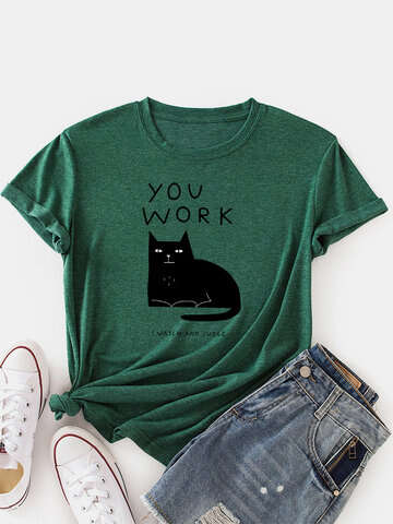 Women T-Shirts | Cat Print Short Sleeve O-neck Loose Casual T-Shirt For Women - SB24566