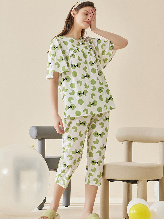 Modal Simple Letter Pattern Regular Fit Short Sleeve Pajama Set