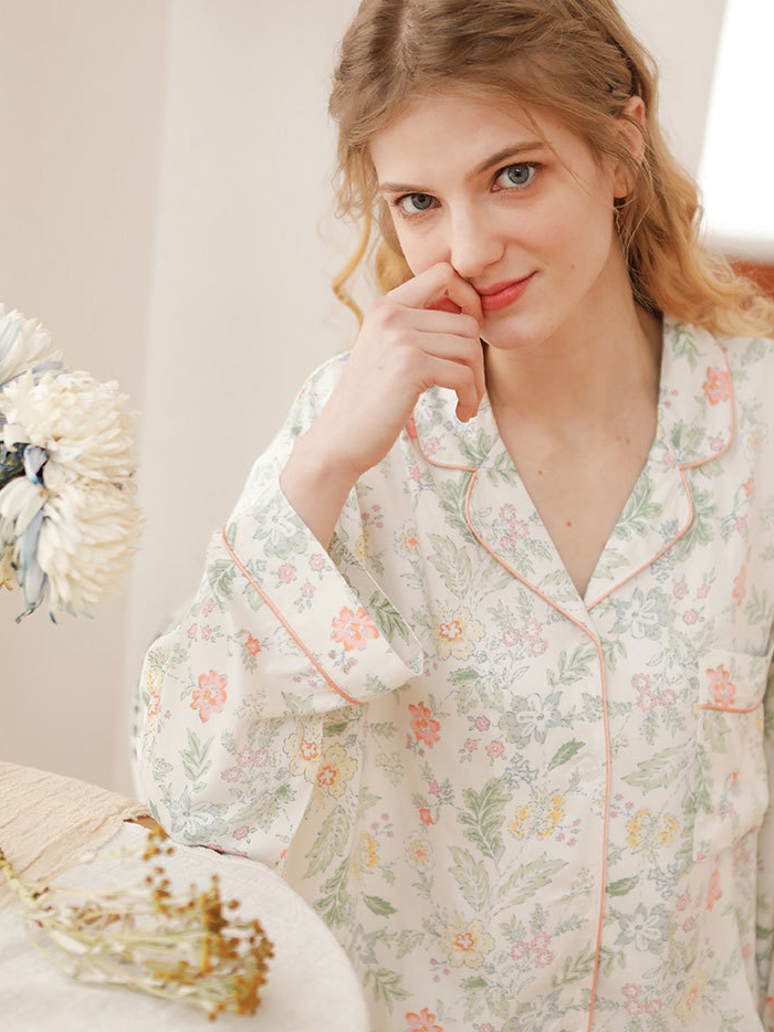 Elegant V Neck Floral Loose Long Sleeve Pajama Set