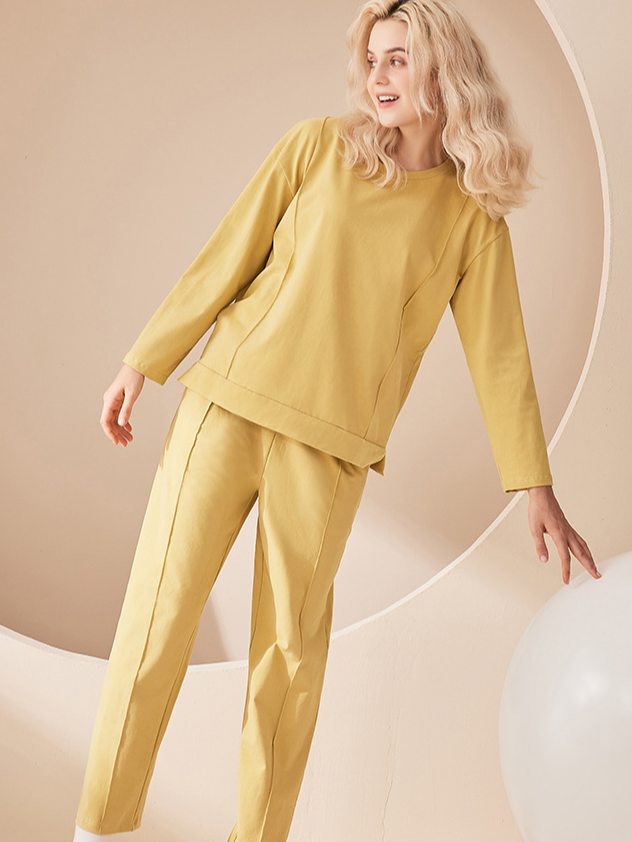 Loose Regular Sleeve Cotton Plain Simple Long Sleeve Pajama Set